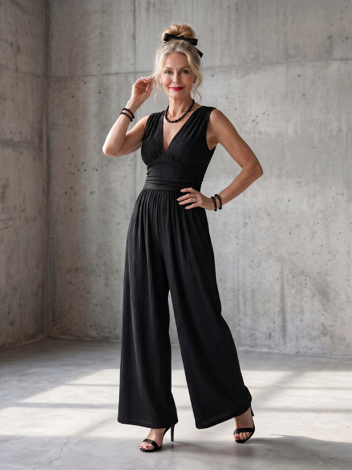Vincenza | Jumpsuit mit tiefem V-Ausschnitt und definiertem Taillenbereich in weiter Beinform
