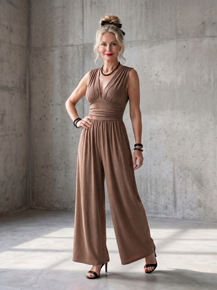 Vincenza | Jumpsuit mit tiefem V-Ausschnitt und definiertem Taillenbereich in weiter Beinform