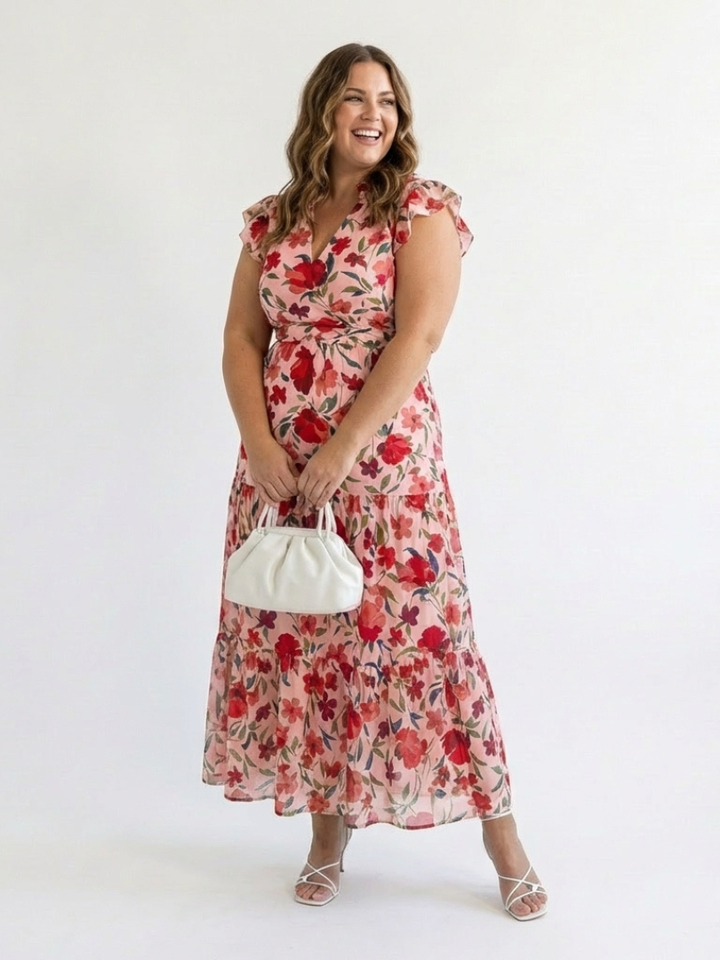 Lila | Floral V-Ausschnitt Schichten Midi Kleid