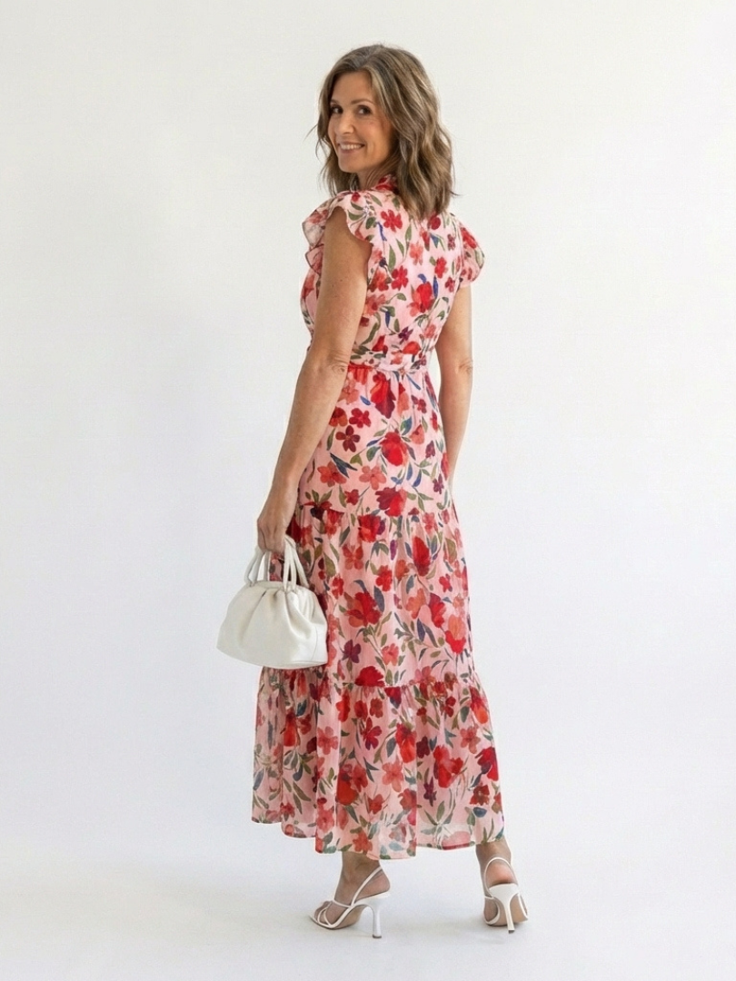 Lila | Floral V-Ausschnitt Schichten Midi Kleid