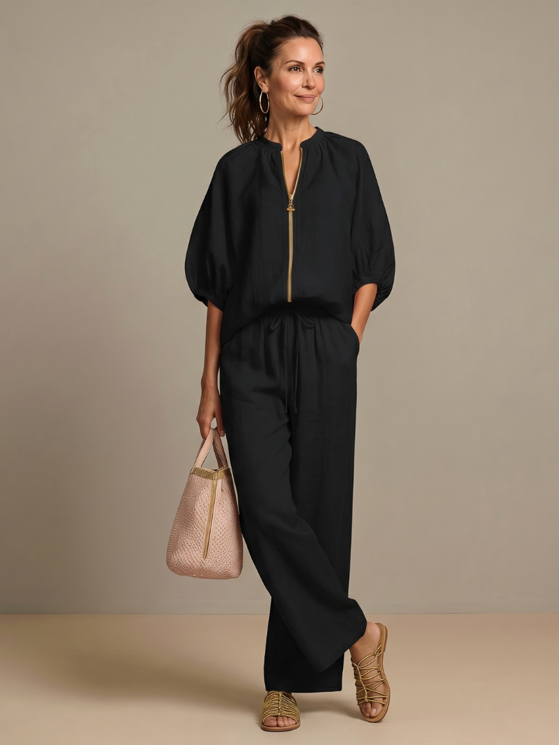 Natalia | Blouson-Top mit Reißverschluss und weit geschnittene Hose