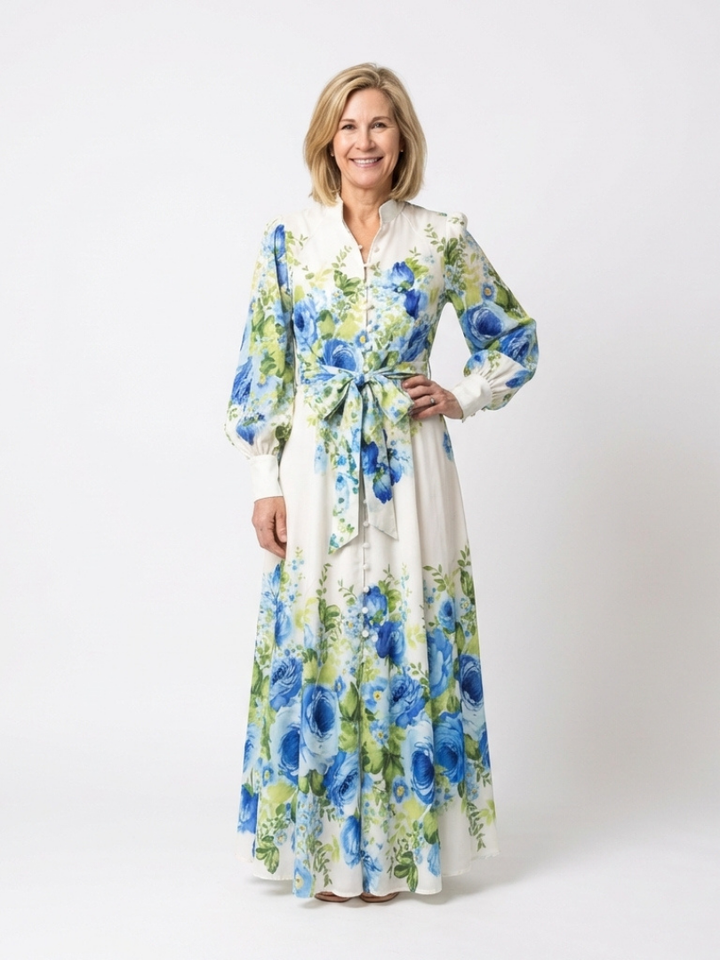 Harper | Langärmliges Blumenknopf-Front-Maxikleid