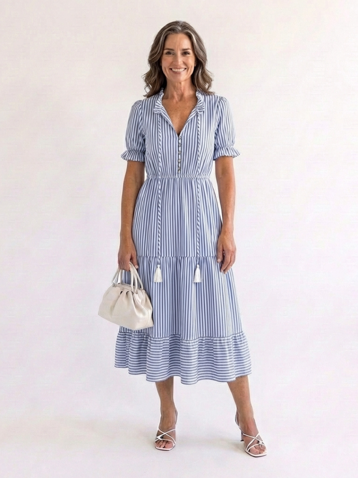 Dakota | Kurzärmeliges gestreiftes, geschichtetes Midikleid