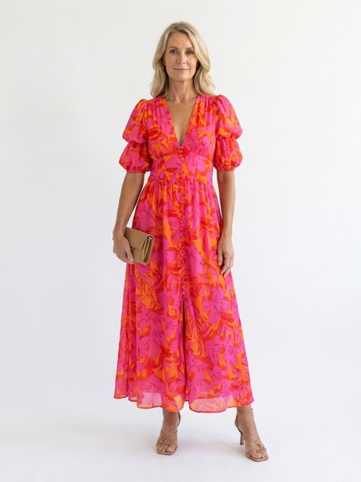 Willow | Florales V-Ausschnitt Midi Kleid mit Puffärmeln