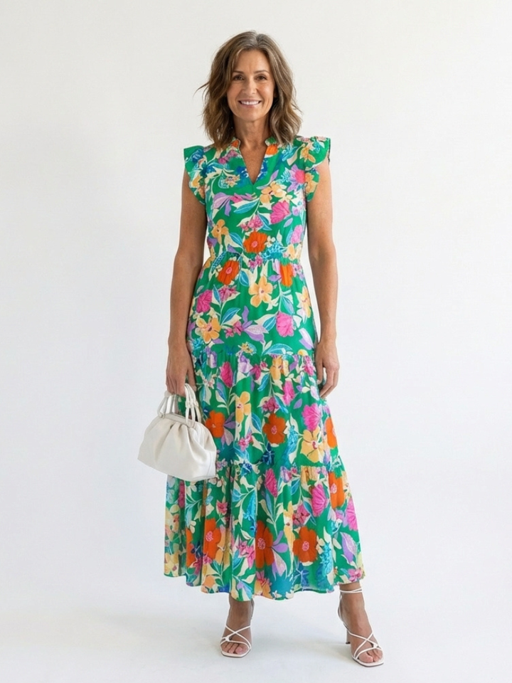 Lila | Floral V-Ausschnitt Schichten Midi Kleid