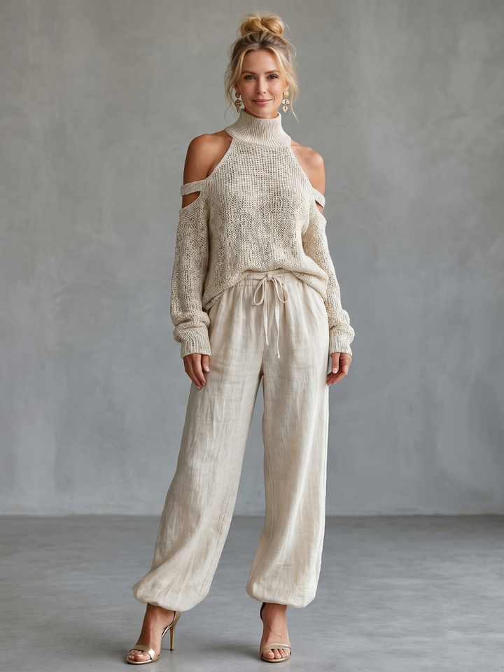 Questa | Offene Schulter Stricktop und Weite Hose Set