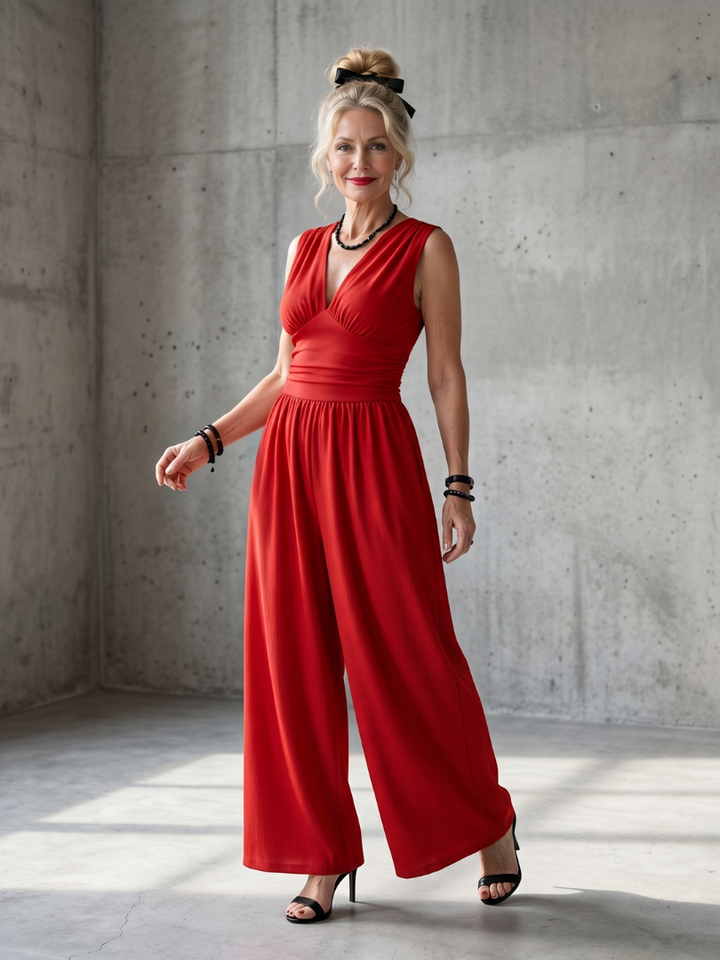 Vincenza | Jumpsuit mit tiefem V-Ausschnitt und definiertem Taillenbereich in weiter Beinform