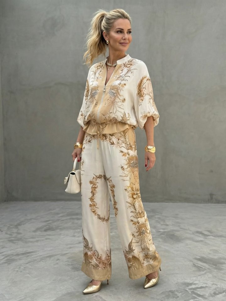 Indie | Zip-Front Blouson Top Bedrucktes Zweiteiliges Set