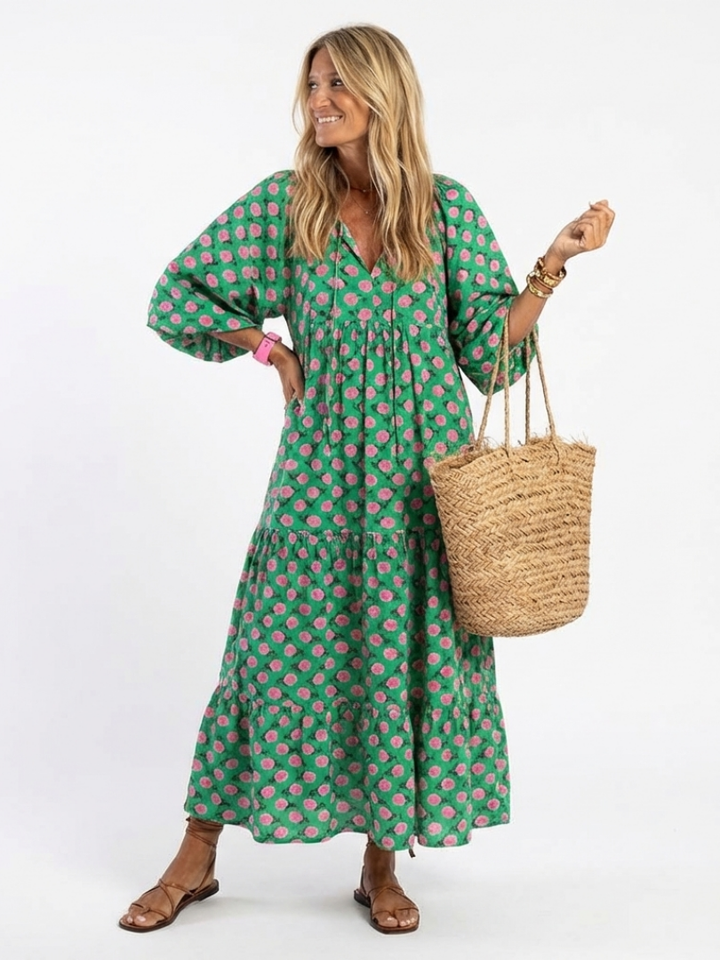 Fiora | Floral Print V-Ausschnitt Schicht Midi Kleid