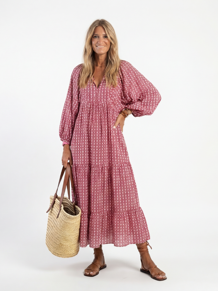 Arlette | Geometrisches Druck Langarm Midi Kleid