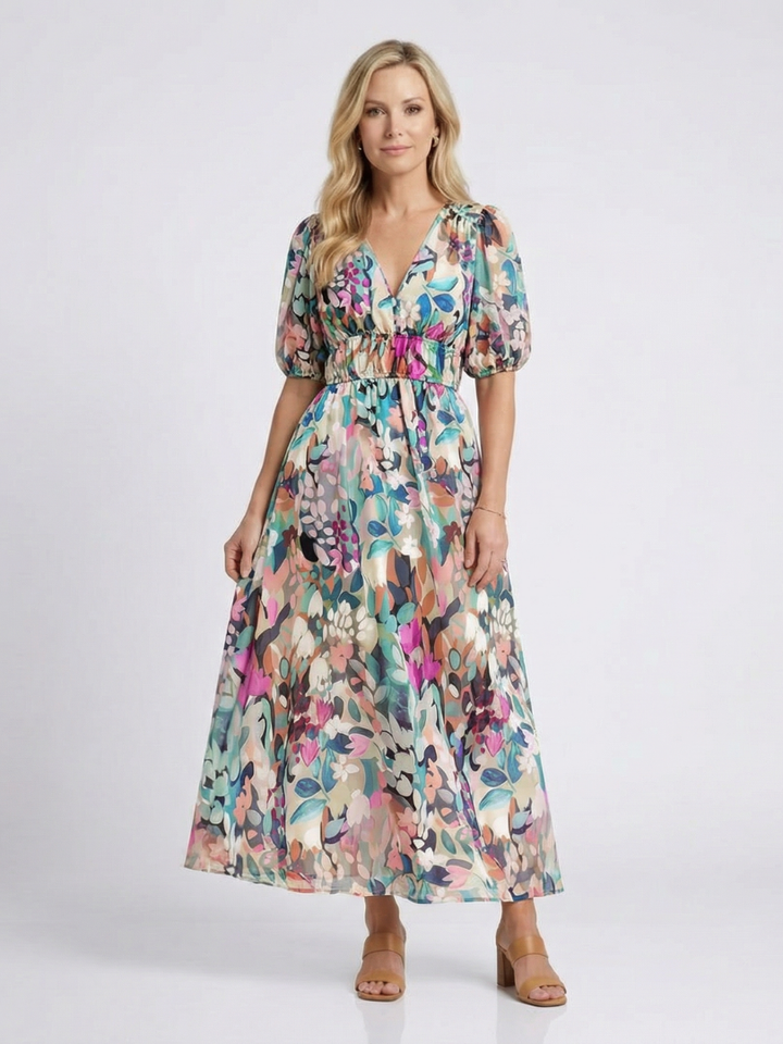 Eulalie | V-Ausschnitt Kurzarm Kleid mit gerafftem Taillenbereich Midi