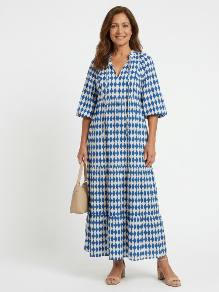 Elodie | Diamantmuster gestuftes Midi-Kleid