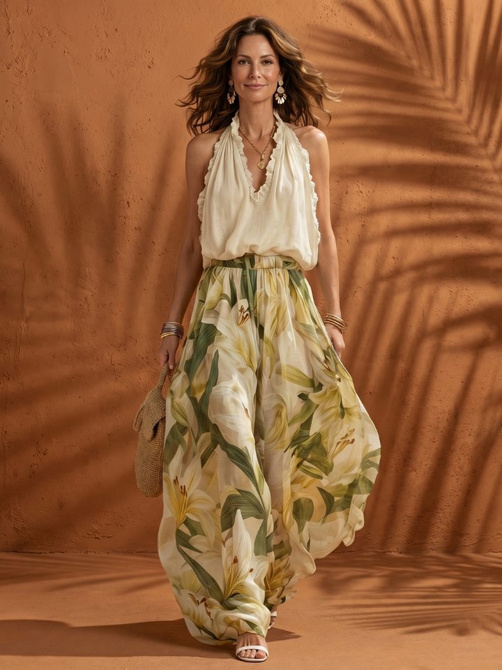 Solange | Halter Neck Bluse Floral Weite Hose Set