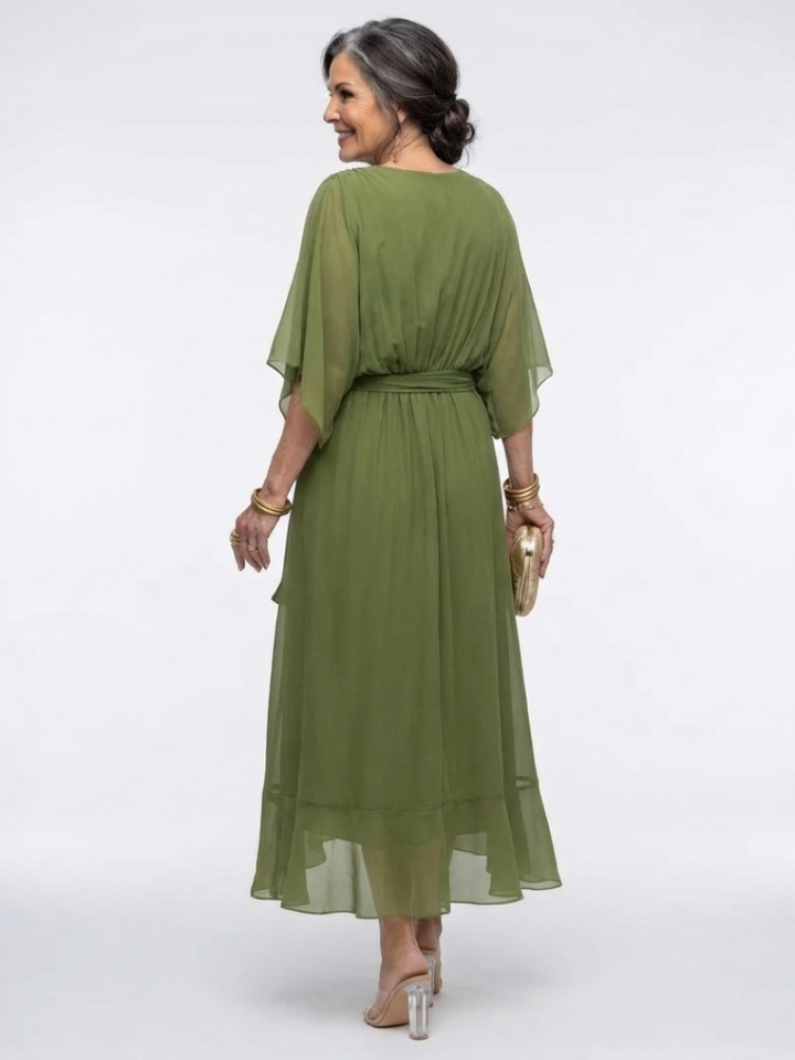 Elysia | V-Ausschnitt Drapiertes Taillenband Midi-Kleid