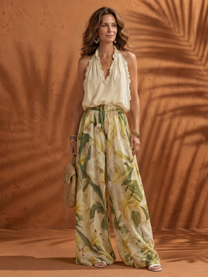 Solange | Halter Neck Bluse Floral Weite Hose Set