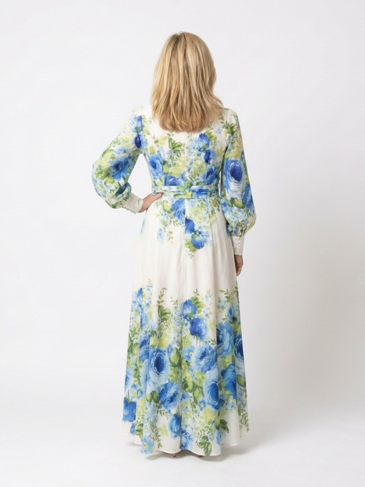 Harper | Langärmliges Blumenknopf-Front-Maxikleid