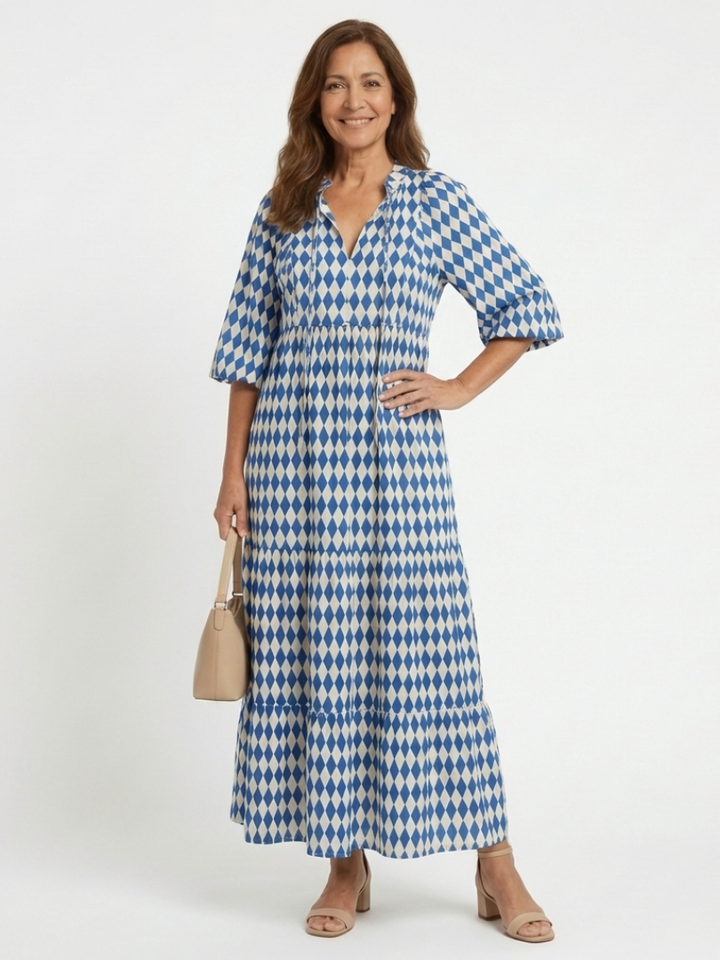 Elodie | Diamantmuster gestuftes Midi-Kleid