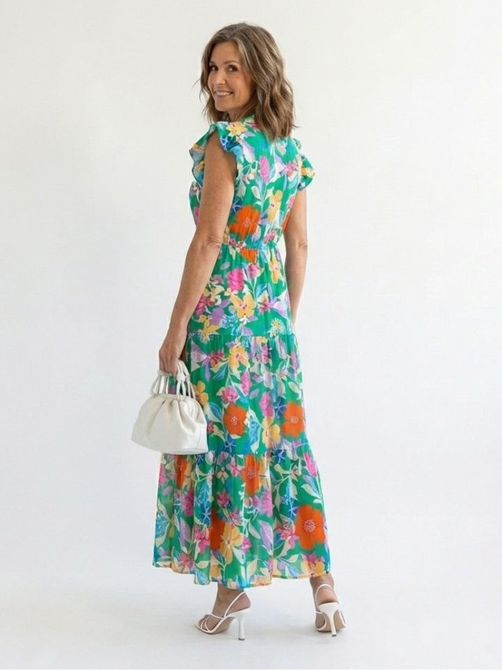 Lila | Floral V-Ausschnitt Schichten Midi Kleid