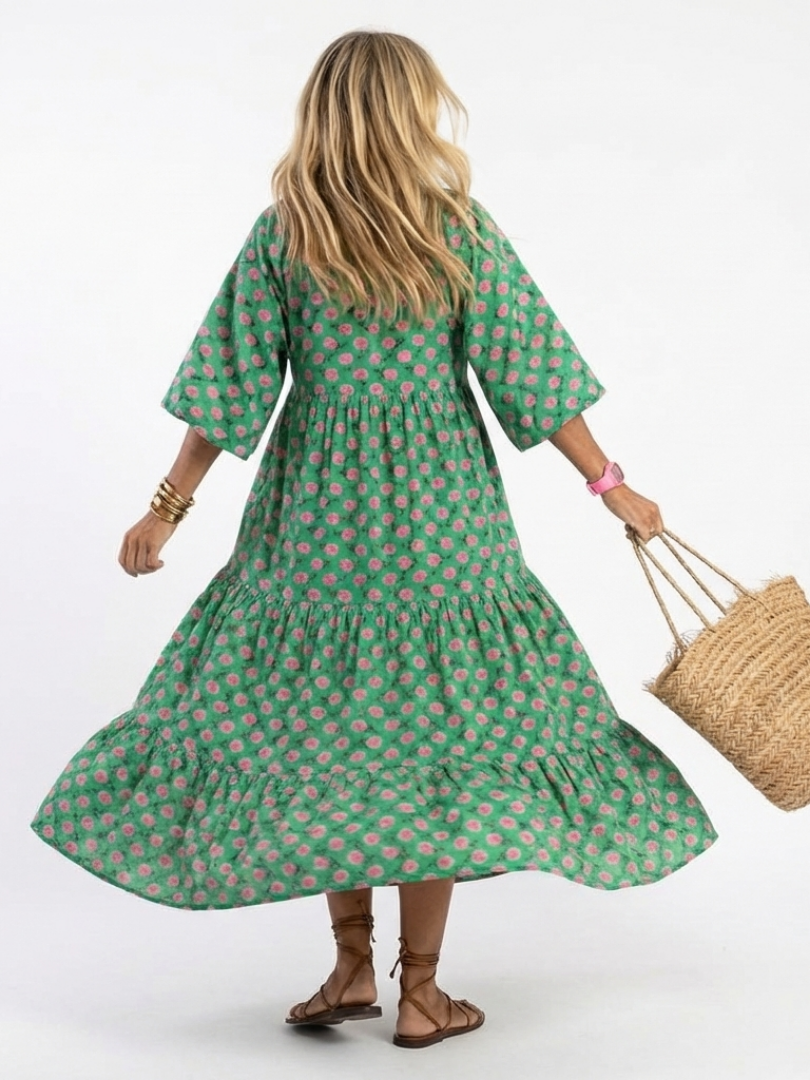 Fiora | Floral Print V-Ausschnitt Schicht Midi Kleid