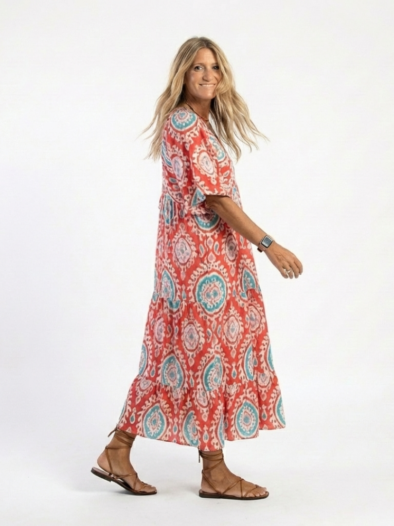 Zaria | Paisley-Druck V-Ausschnitt Kurzarm Midi-Kleid
