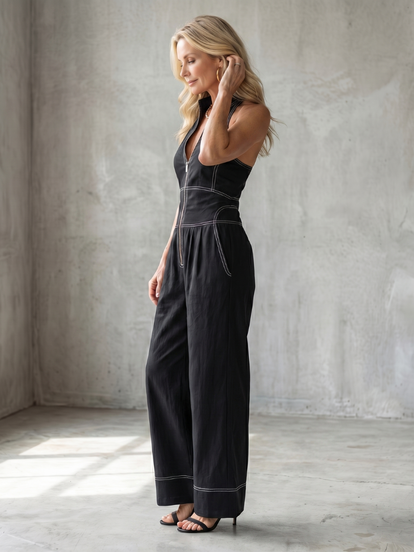 Dara | Zip-Front Kontraststich Weitbein-Jumpsuit