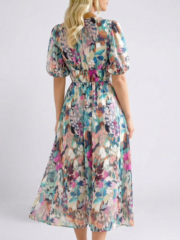 Eulalie | V-Ausschnitt Kurzarm Kleid mit gerafftem Taillenbereich Midi