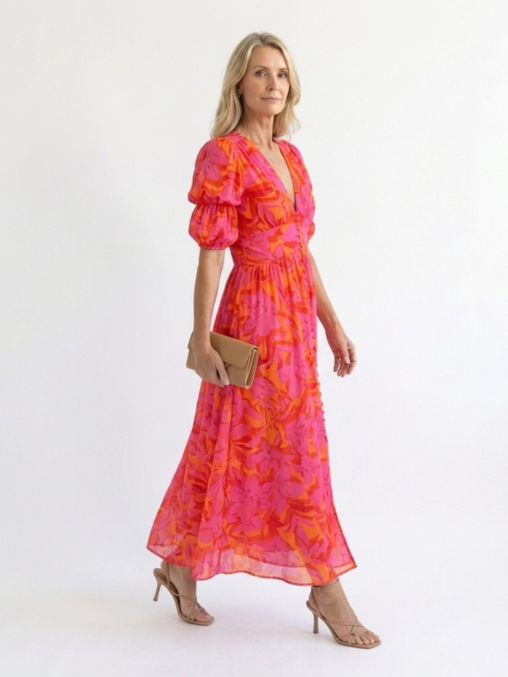 Willow | Florales V-Ausschnitt Midi Kleid mit Puffärmeln