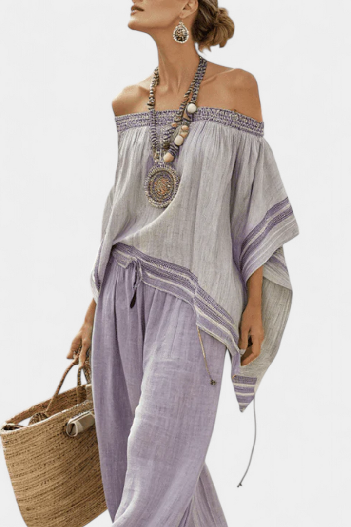 Lauren | Elegantes Off-Shoulder-Top & Gestreifte Weite Hose