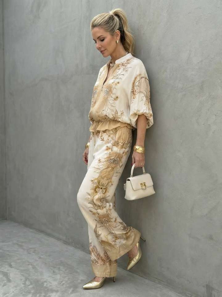 Indie | Zip-Front Blouson Top Bedrucktes Zweiteiliges Set