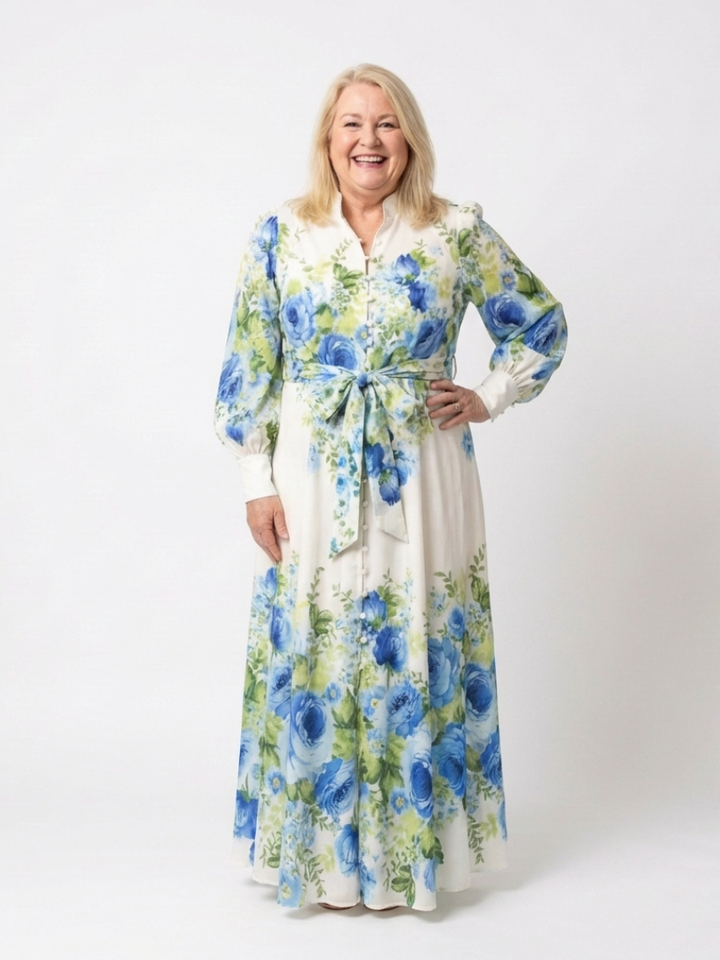 Harper | Langärmliges Blumenknopf-Front-Maxikleid