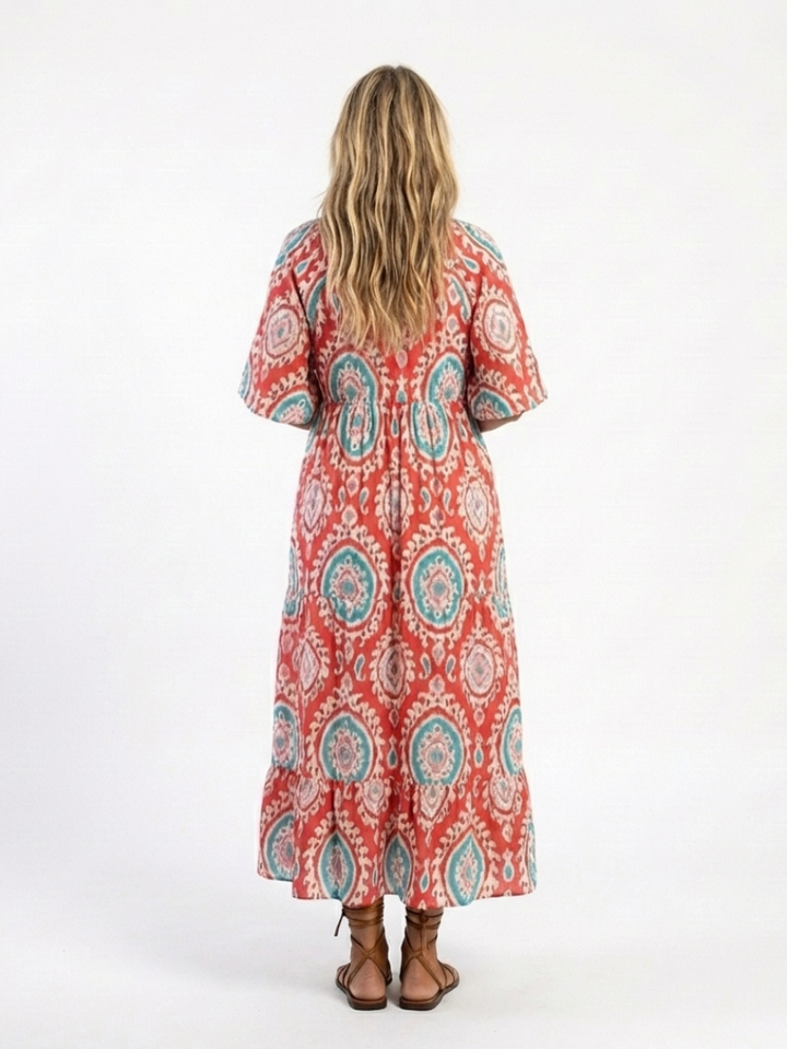 Zaria | Paisley-Druck V-Ausschnitt Kurzarm Midi-Kleid