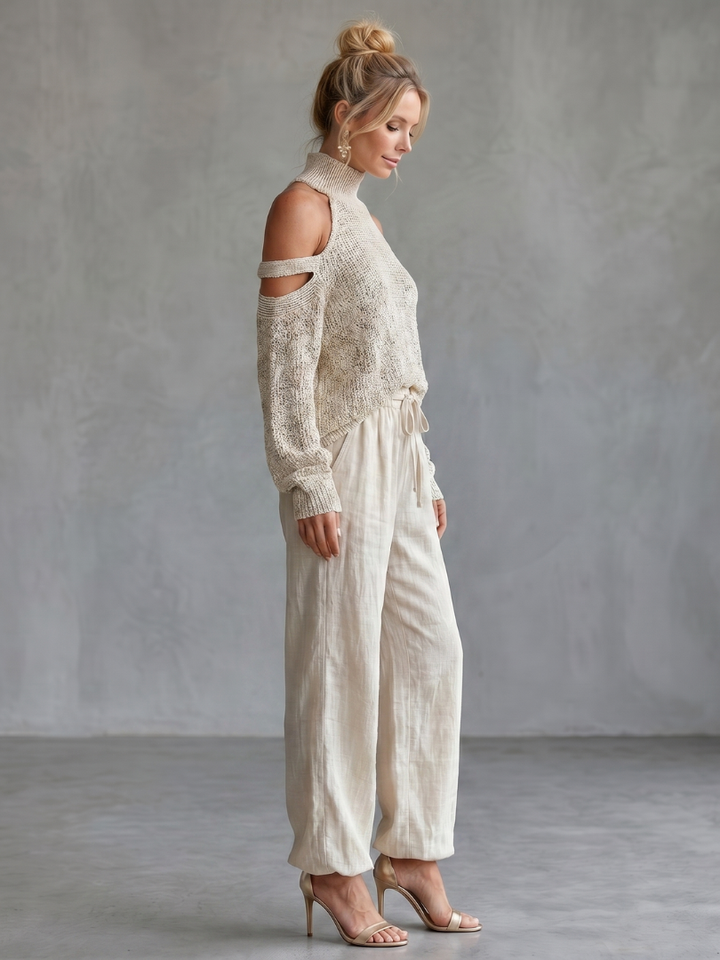 Questa | Offene Schulter Stricktop und Weite Hose Set