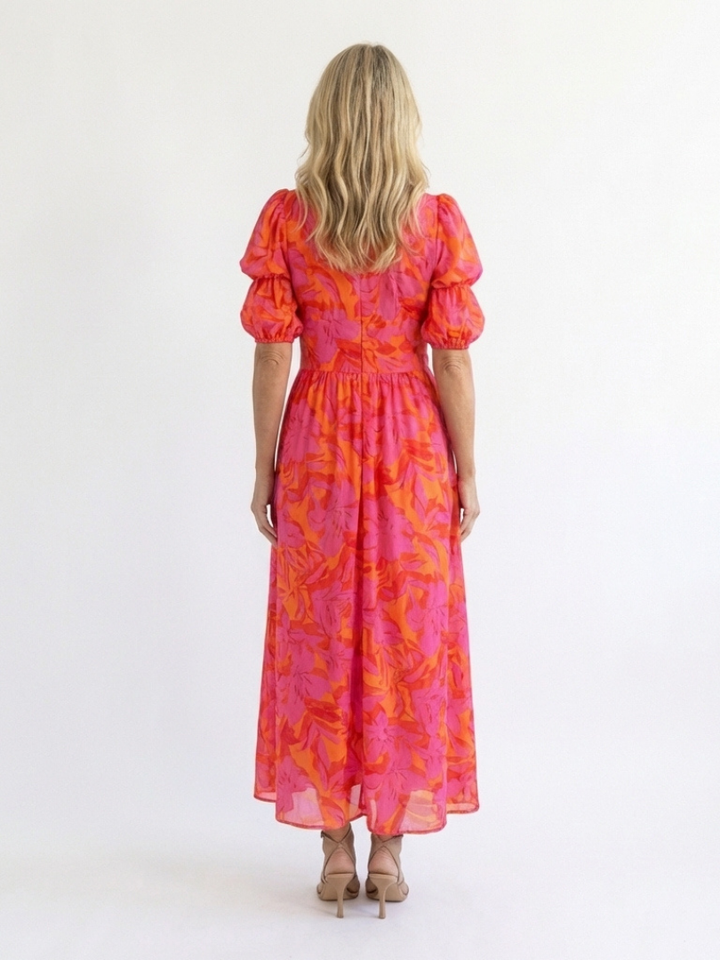 Willow | Florales V-Ausschnitt Midi Kleid mit Puffärmeln