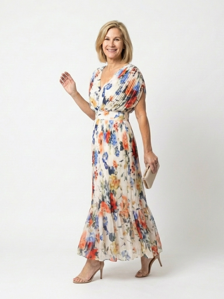Savannah | Kurzärmliges, gefaltetes, florales Midikleid