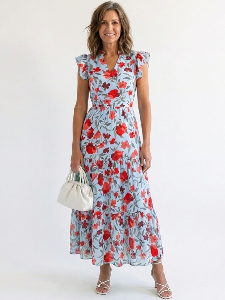 Lila | Floral V-Ausschnitt Schichten Midi Kleid