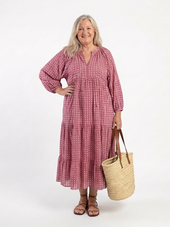 Arlette | Geometrisches Druck Langarm Midi Kleid