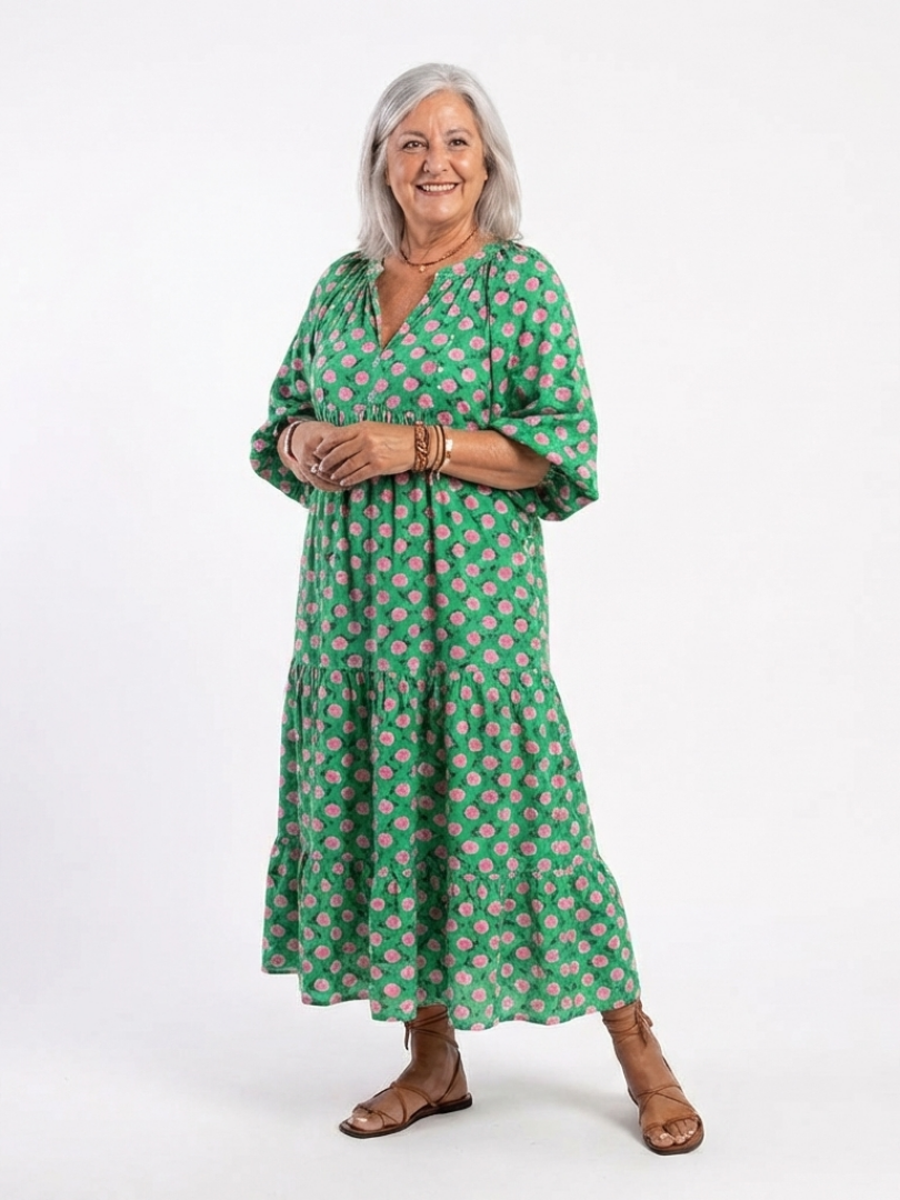 Fiora | Floral Print V-Ausschnitt Schicht Midi Kleid