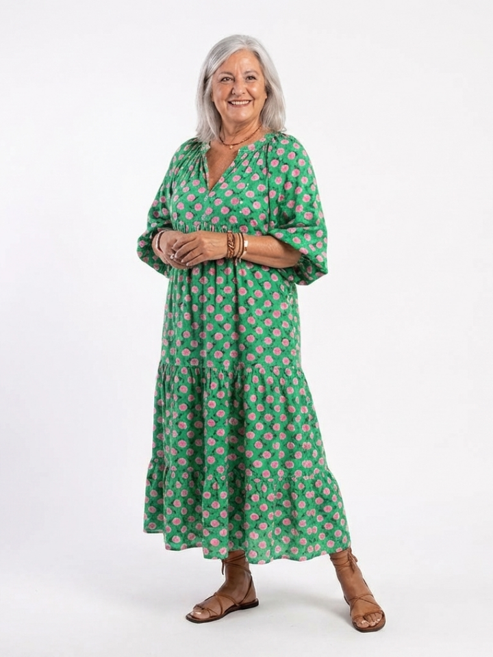 Fiora | Floral Print V-Ausschnitt Schicht Midi Kleid