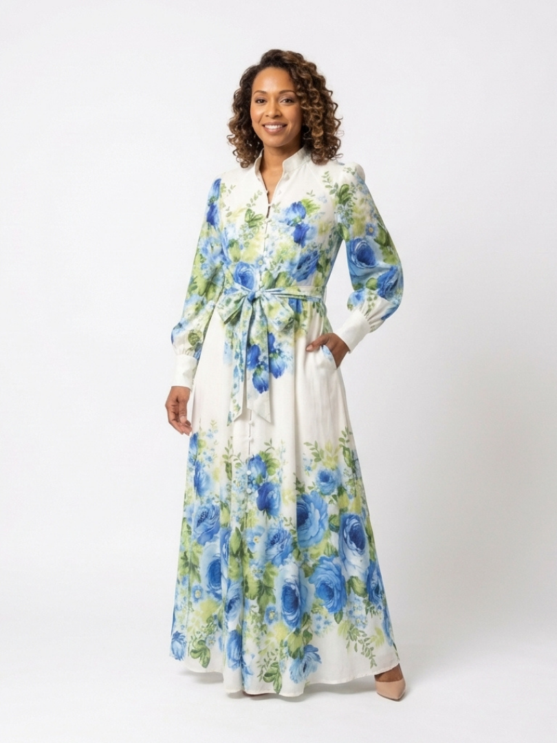 Harper | Langärmliges Blumenknopf-Front-Maxikleid