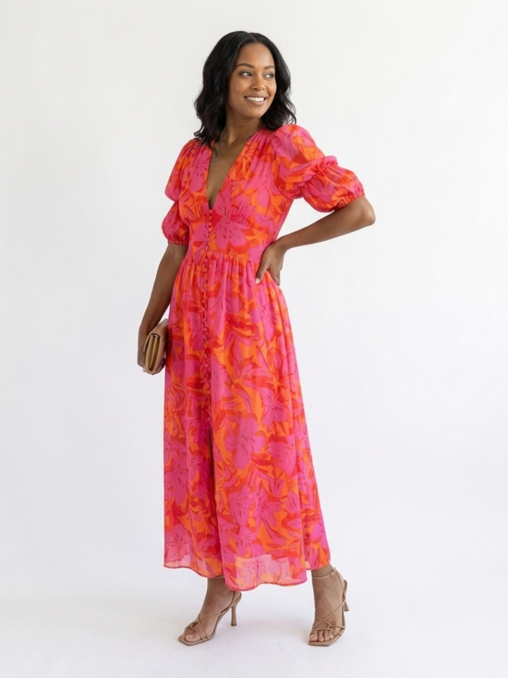 Willow | Florales V-Ausschnitt Midi Kleid mit Puffärmeln