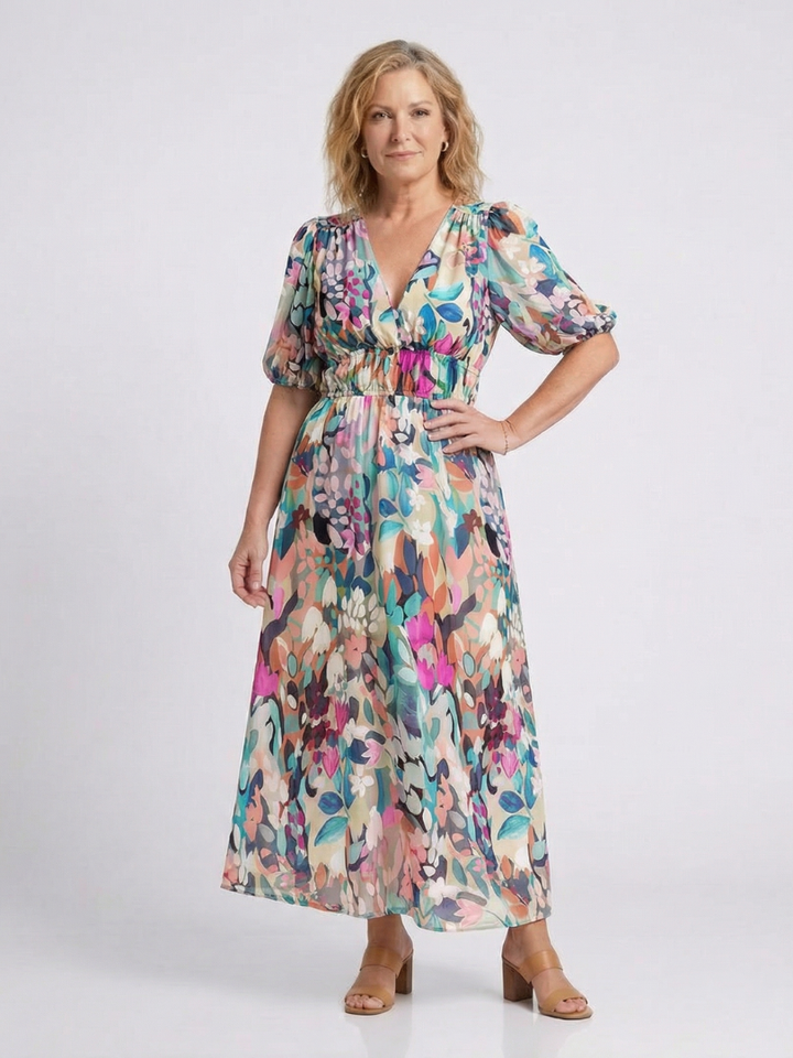 Eulalie | V-Ausschnitt Kurzarm Kleid mit gerafftem Taillenbereich Midi