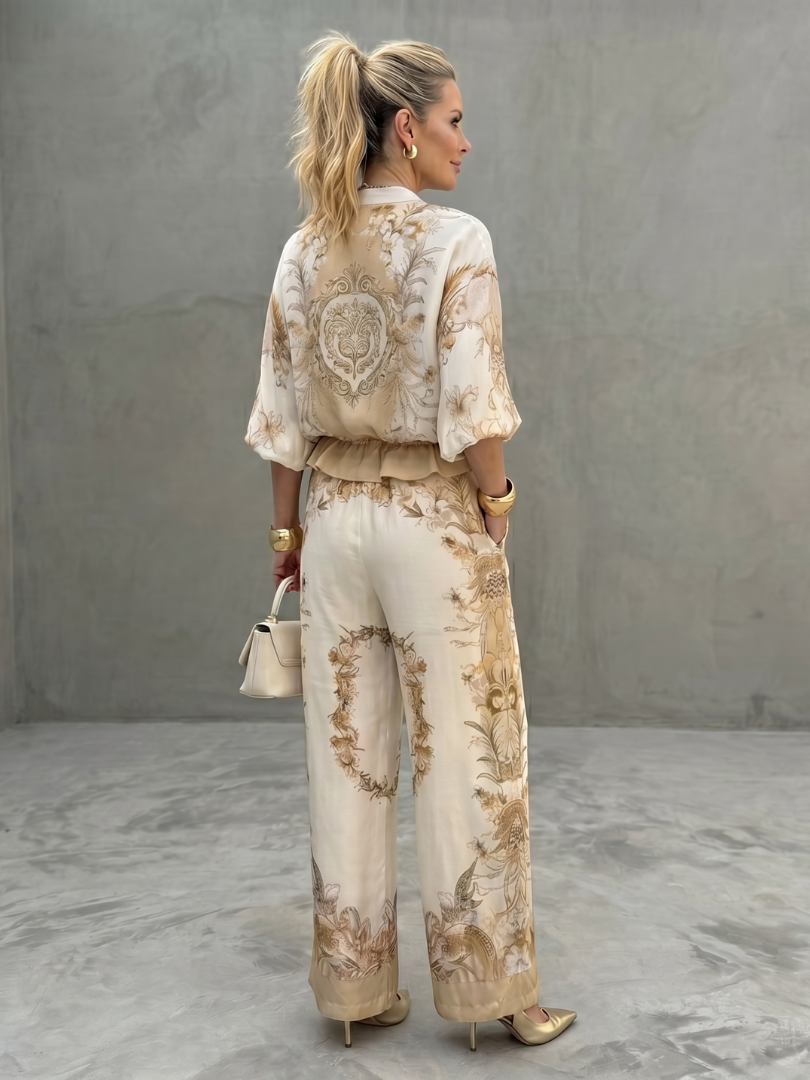Indie | Zip-Front Blouson Top Bedrucktes Zweiteiliges Set