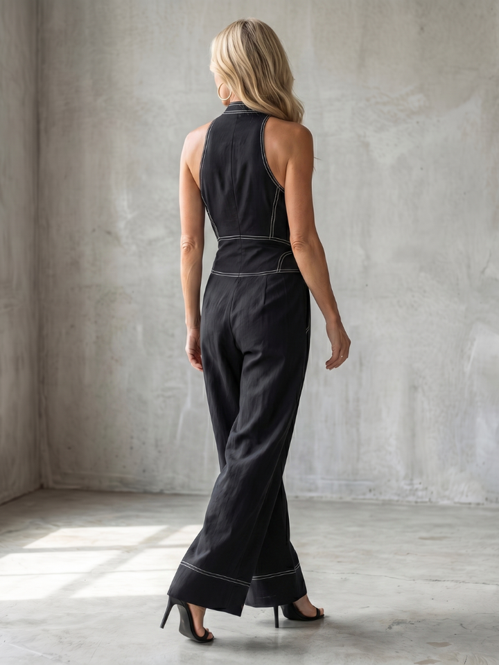 Dara | Zip-Front Kontraststich Weitbein-Jumpsuit