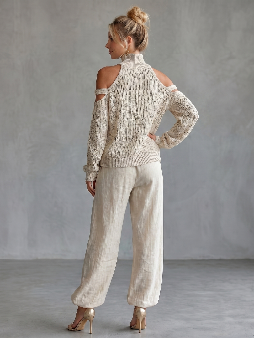 Questa | Offene Schulter Stricktop und Weite Hose Set