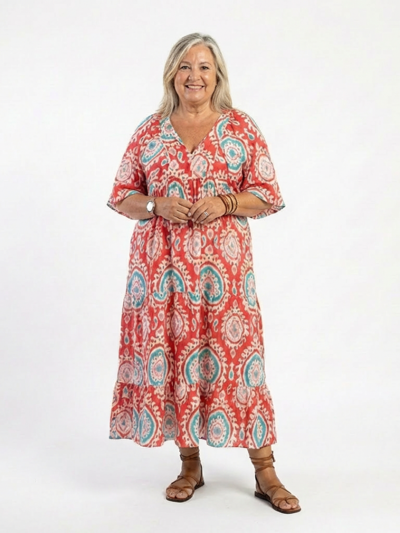 Zaria | Paisley-Druck V-Ausschnitt Kurzarm Midi-Kleid