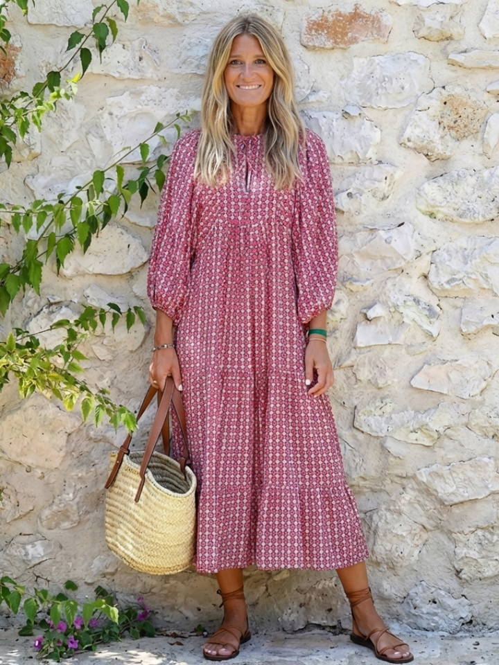 Arlette | Geometrisches Druck Langarm Midi Kleid