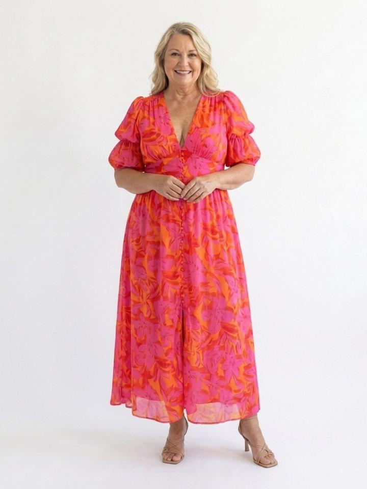 Willow | Florales V-Ausschnitt Midi Kleid mit Puffärmeln
