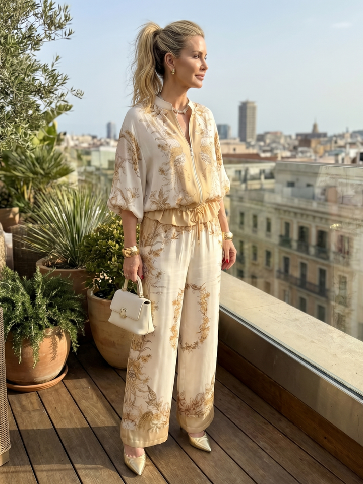 Indie | Zip-Front Blouson Top Bedrucktes Zweiteiliges Set