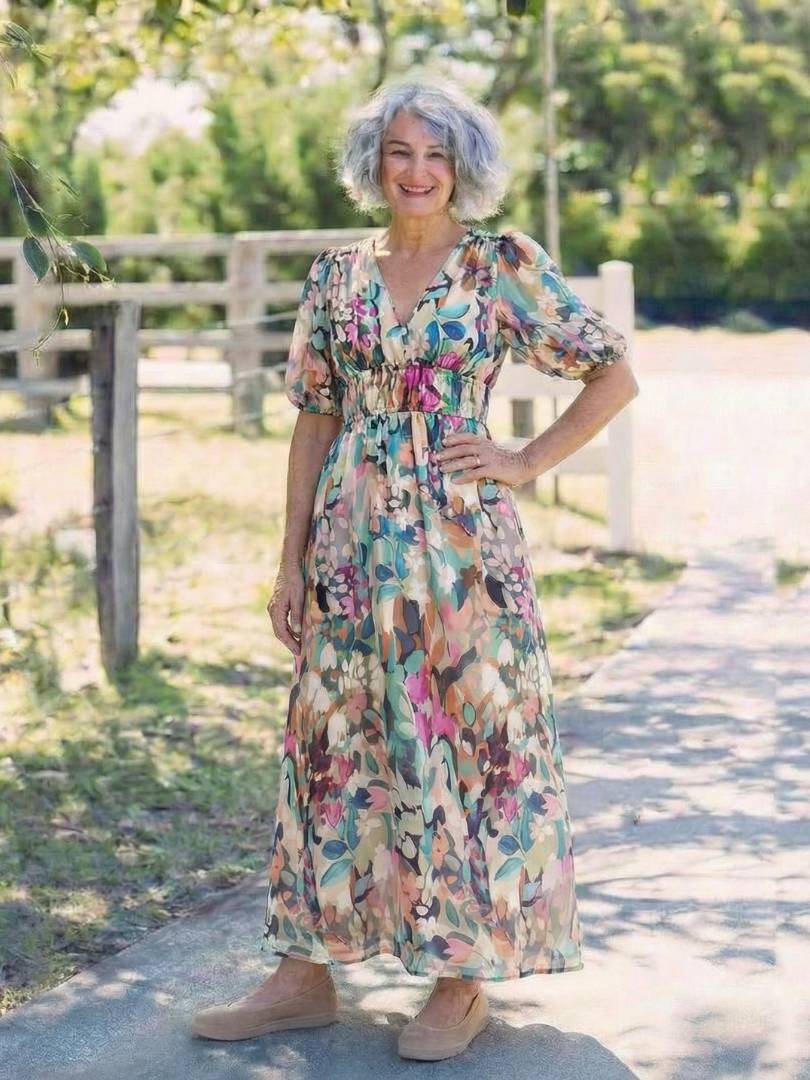 Eulalie | V-Ausschnitt Kurzarm Kleid mit gerafftem Taillenbereich Midi