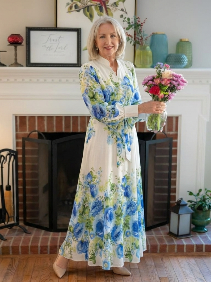 Harper | Langärmliges Blumenknopf-Front-Maxikleid